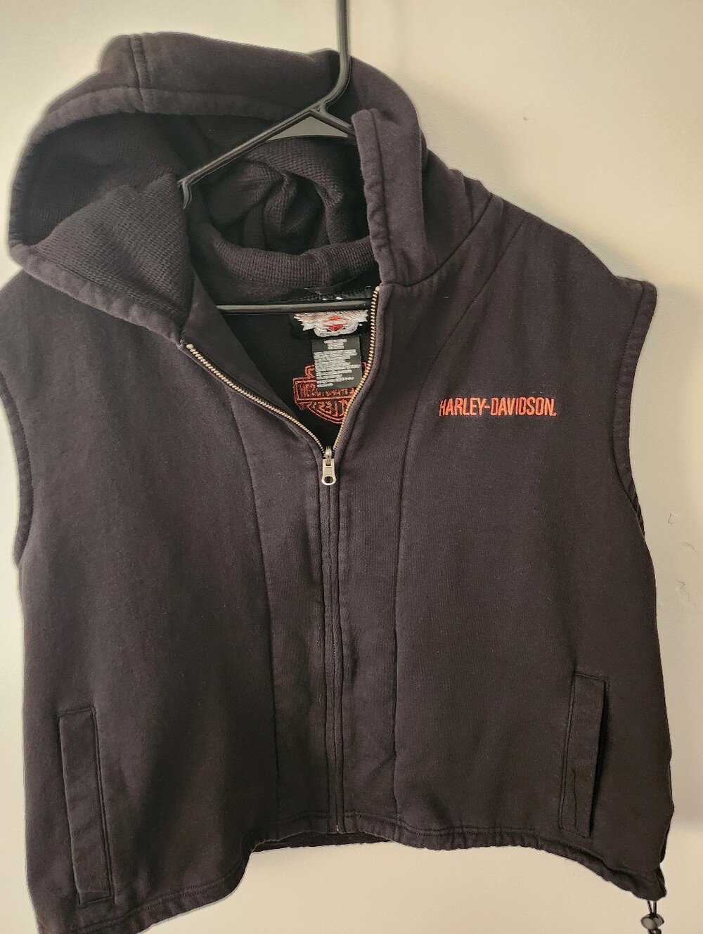 Harley-Davidson Black Hooded Sleeveless Zip-Up Vest with Orange Logo